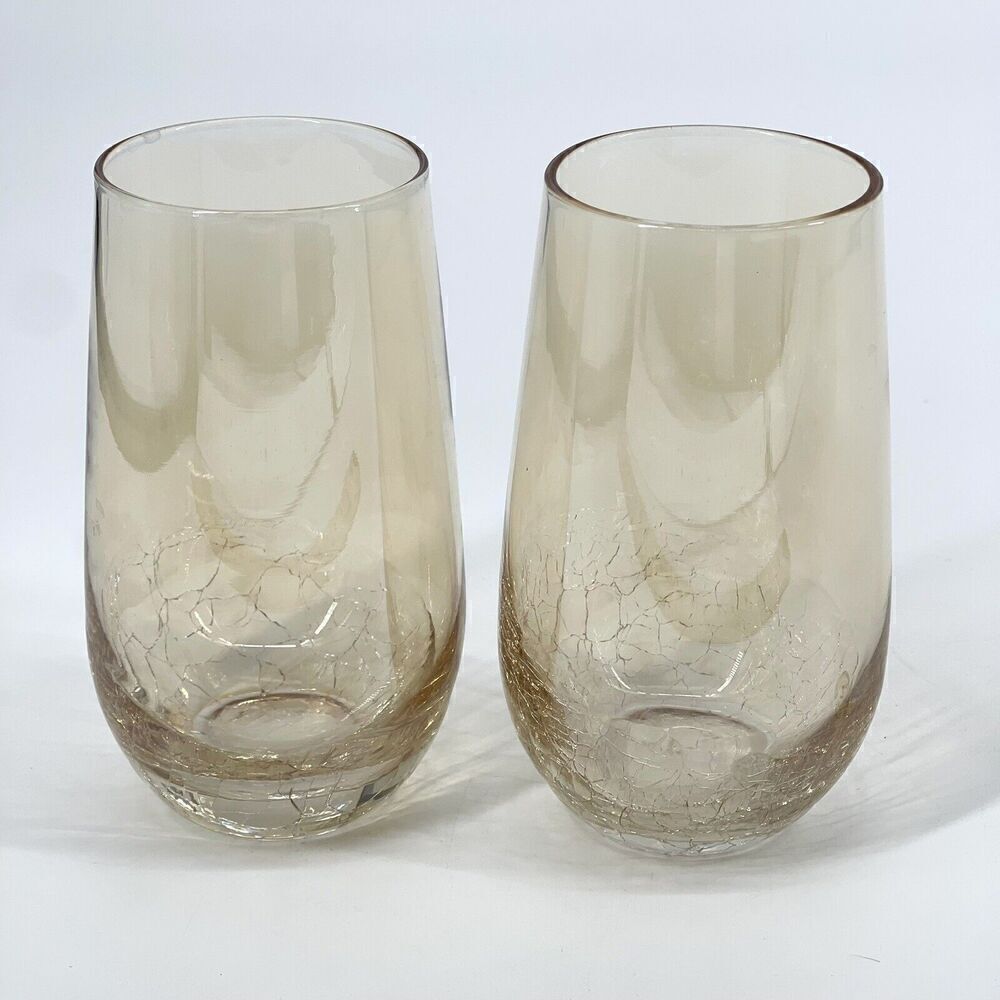 Pier 1 One Crackle Highball Tumblers Glasses Golden Luster Amber 18oz. Set Of 2